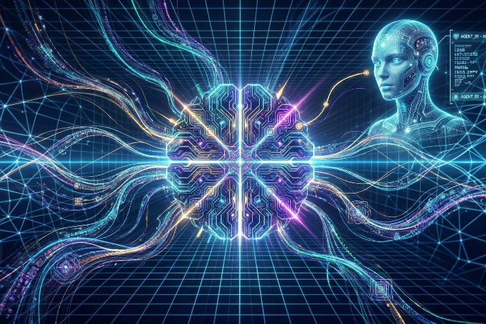 Futuristic digital brain and glowing data streams representing advanced AI use cases.