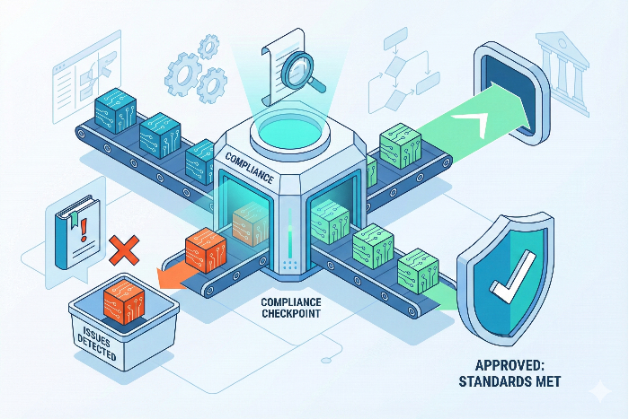 Isometric vector illustration depicting Automation in Compliance Testing, showing digital data packets flowing through a verification checkpoint with approved shields and rejected alert paths