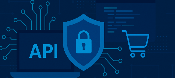 Illustration of API security in eCommerce with laptop, shopping cart, lock shield, and network lines on a dark tech background.