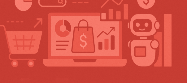 Illustration showcasing eCommerce analytics with red-themed animated graphics, including shopping cart, charts, laptop, and robot elements