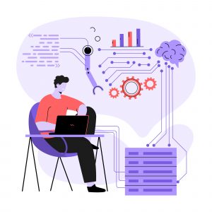 A man using a laptop to perform cognitive automation testing with AI-powered tools