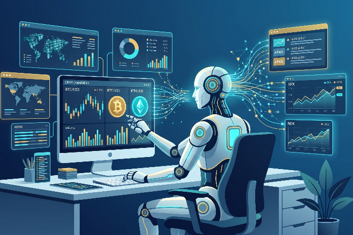 Flat vector illustration of Artificial Intelligence (AI) in Finance, showing an advanced AI robot monitoring stock trends, Bitcoin, and Ethereum data across glowing digital screens