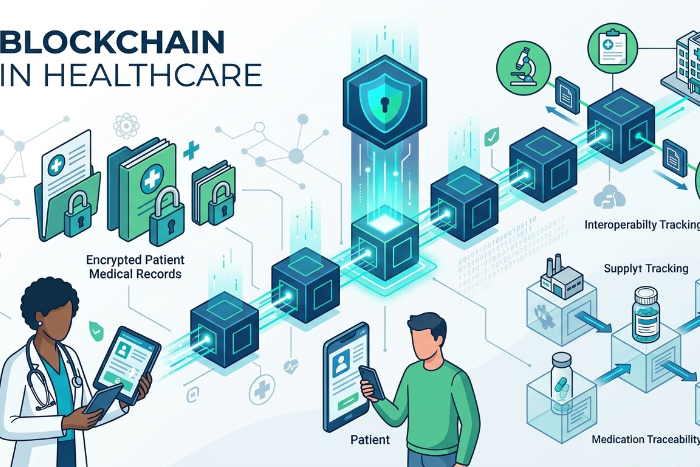 Isometric infographic illustrating blockchain in healthcare applications, featuring a central secure data chain linking encrypted patient medical records, medical provider systems, data interoperability tracking, and pharmaceutical supply chain traceability