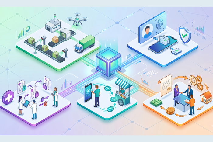 Isometric illustration of a central glowing block connecting to diverse blockchain use cases, including supply chain logistics, digital identity security, smart contracts in real estate, and secure healthcare data sharing