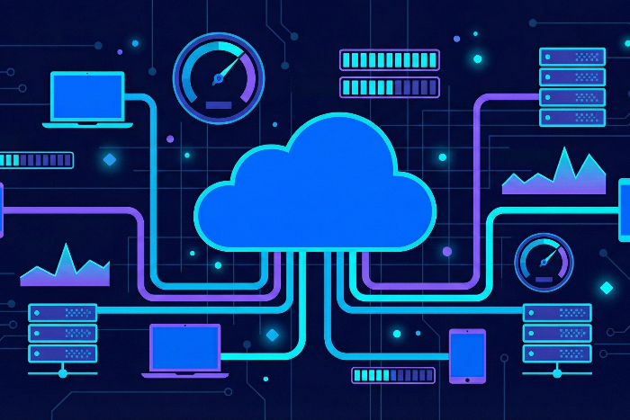 Graphic illustration showing cloud performance testing with servers, load meters, and data flow indicators