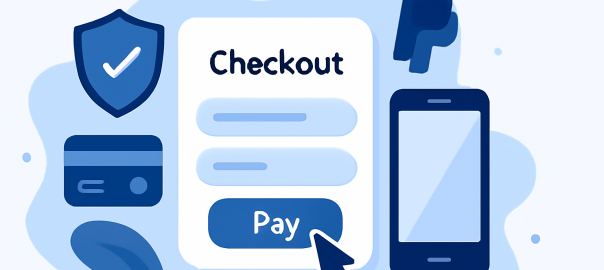 Animated illustration depicting a smooth and streamlined eCommerce checkout optimization process with a mobile device and shopping cart, highlighting ease of use and security features, minimal text