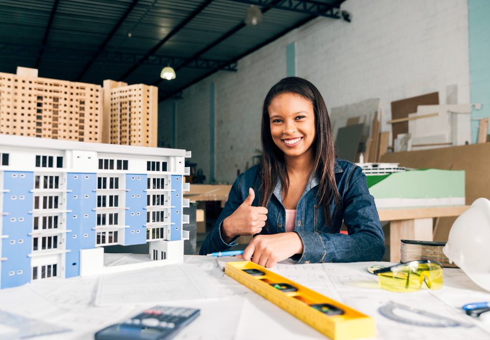 smiling-african-american-woman-showing-thumb-up-near-model-building