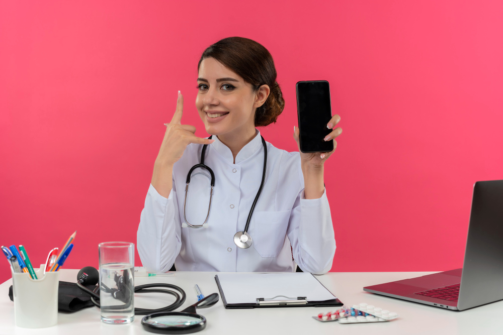 smiling-young-female-doctor-wearing-medical-robe-with-stethoscope-sitting-desk-work-computer-with-medical-tools-holding-phone-showing-phone-call-gesture-pink-wall